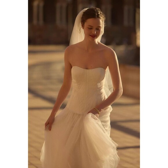 NWT Anthropologie BHLDN Strapless ALine White Satin TulleSkirt Midi Dress Size M - Picture 4 of 16